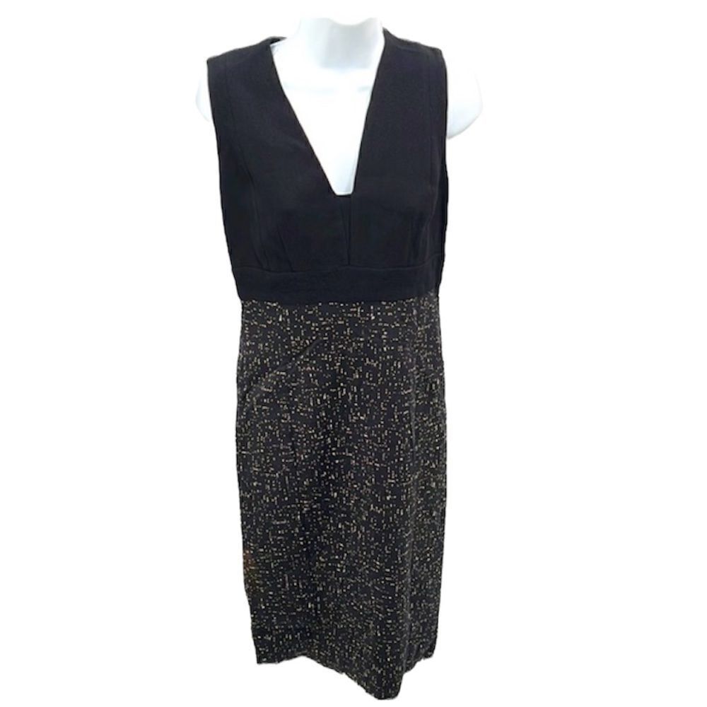 Narciso Rodriguez cocktail dress silk tan black v neck 42 Italy 6 EUC